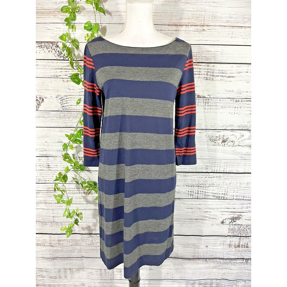 Ann Taylor Loft Dress size Medium Blue Gray Coral Striped Jersey Straight Knee